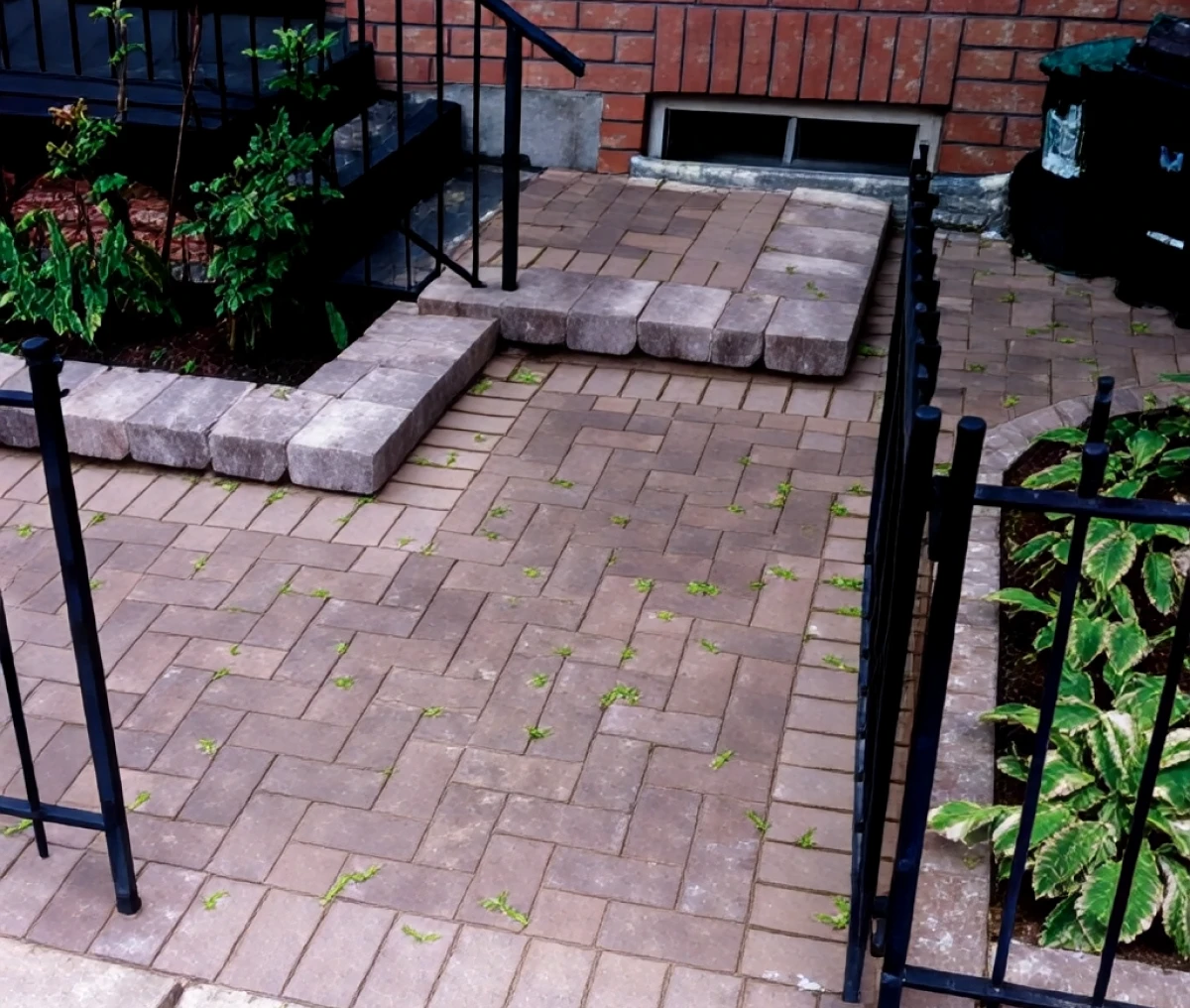 Herringbone brick pattern with garden views